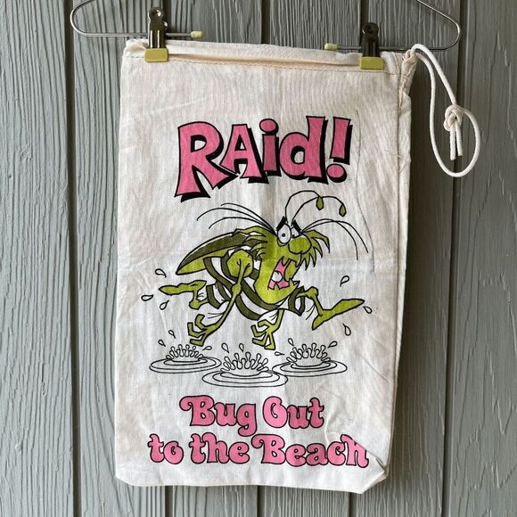 Vintage RAID! Bug Out to the Beach Canvas Drawstring Bag 80s Promo 18"x11" - Picture 11 of 11